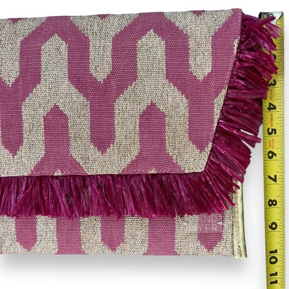 WKND WYFR Pink and Neutral Raffia Envelope Clutch with Gold Metallic Accents